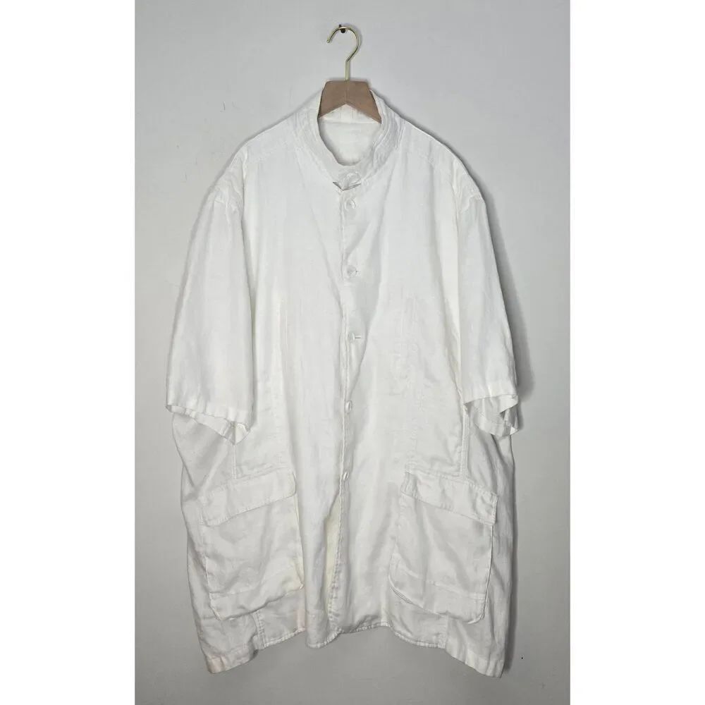 Inserch Men’s Linen Utility Shirt Jacket Size 4XL White Short Sleeve Button Fron